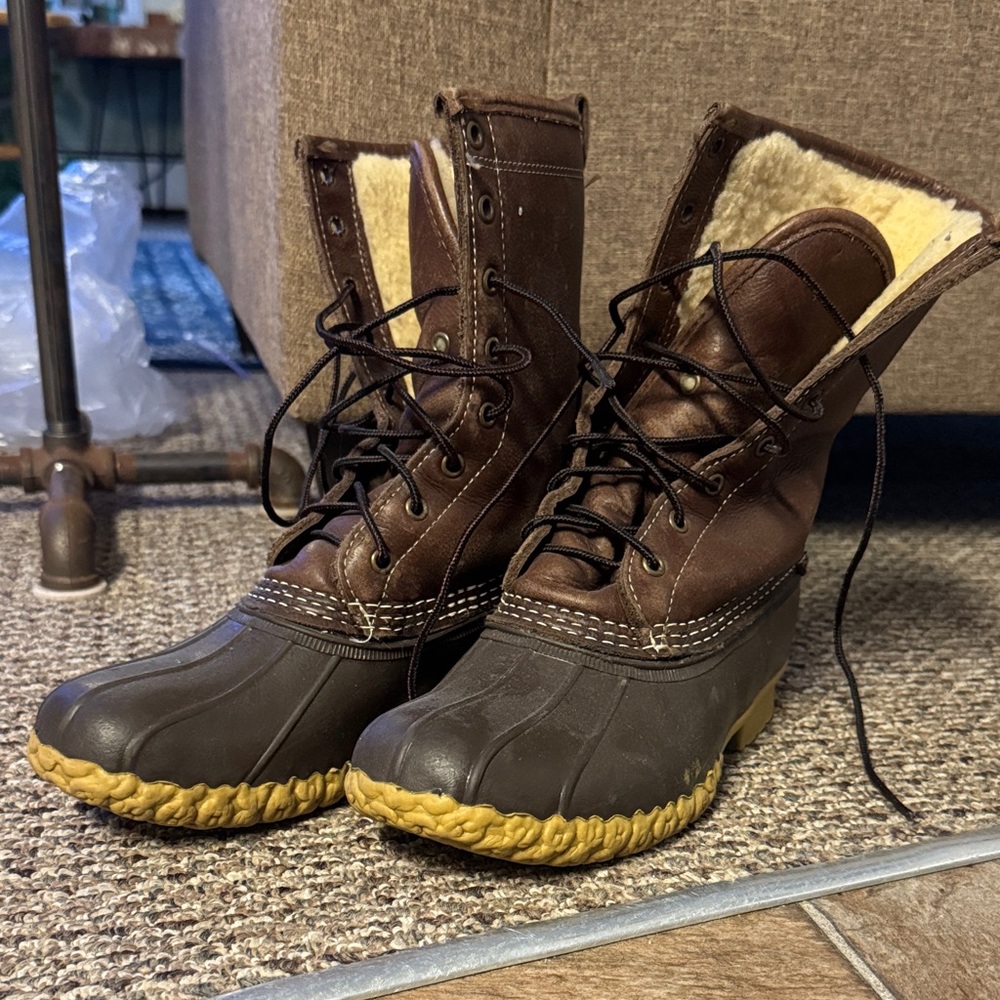 L.L. Bean Brown Leather and Dark Brown Waterproof Winter Boots with Yellow Soles